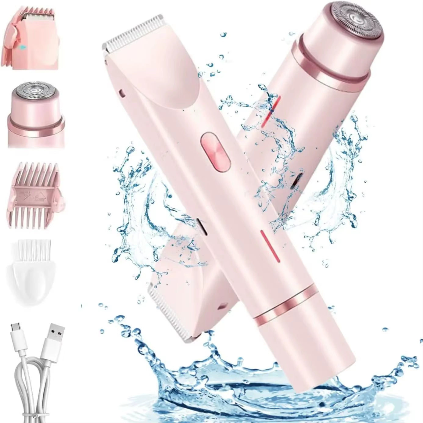 Women'S Electric Shaver Bikini Trimmer Waterproof Hair Remover 2-In-1 Painless Facial Body Trimmer for Armpits Legs